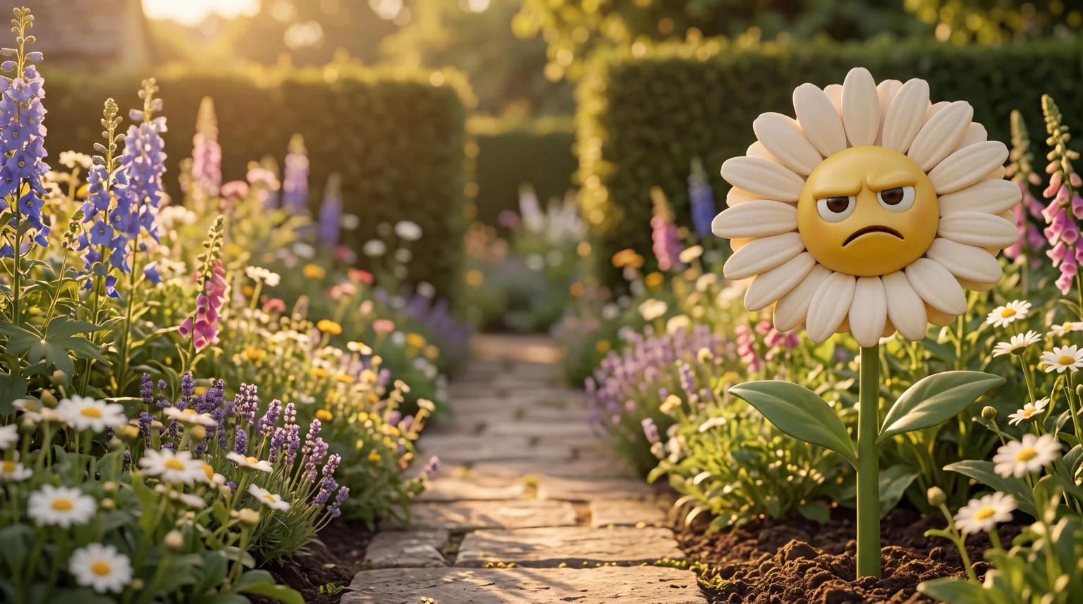 Fat Daisy in his sunlit rural Somerset cottage garden